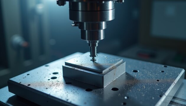 A precision CNC milling machine with a metal spindle and cutting tool positioned above a steel workpiece on an industrial manufacturing table. The scene captures metalworking equipment in a...