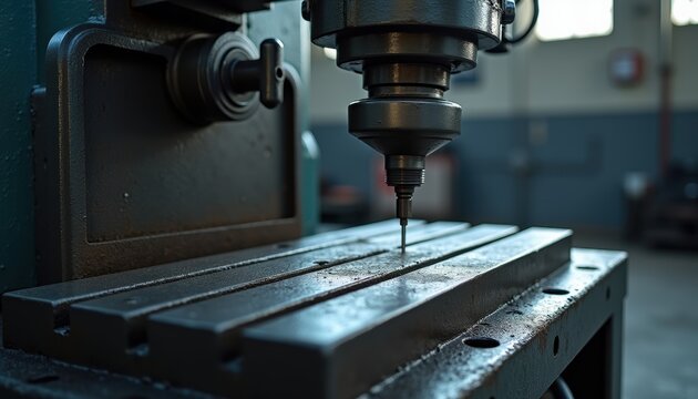 Industrial CNC milling machine with a precision cutting tool positioned above a metal workpiece. The close-up shot captures the detailed machinery and metal table in a factory setting.
