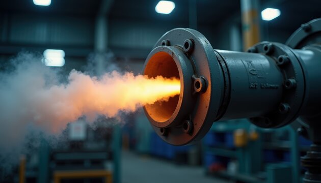 Industrial rocket thruster engine firing with intense orange flame and exhaust in a factory setting. The metal engine nozzle glows red-hot as it expels superheated gases under bright overhead...