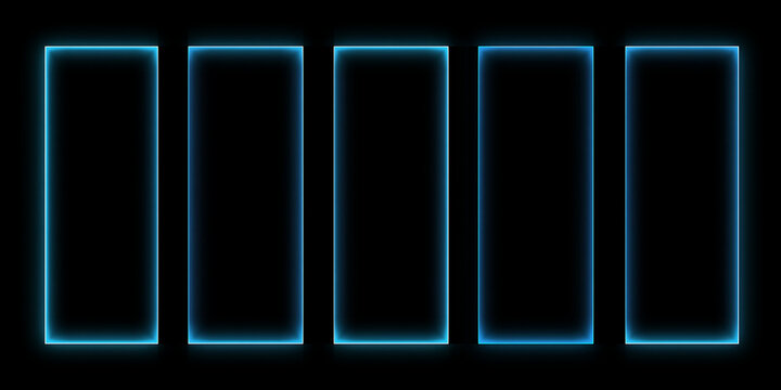 Winter icy neon borders. Frozen blue 3D glowing ring frames. Set glowing blue vertical rectangular frames on a black background. 