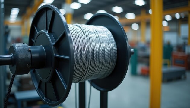 Industrial cable spool with steel wire rope mounted in a modern factory. The metallic spool sits in a bright warehouse with overhead lighting and yellow structural supports visible in the...