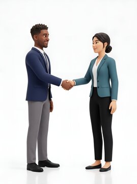 Professional business handshake between diverse 3D characters, corporate partnership and deal closing concept, successful teamwork and collaboration