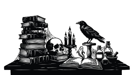 Obraz premium Spooky black and white Halloween illustration featuring witch books skulls candles and eerie raven