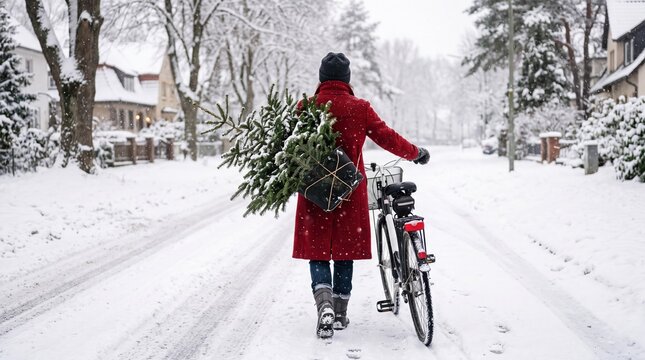 A person in a red coat carries a fresh evergreen tree on a bicycle down a snowy residential street lined with bare and snow-laden trees. The winter scene captures holiday tradition and seasonal...