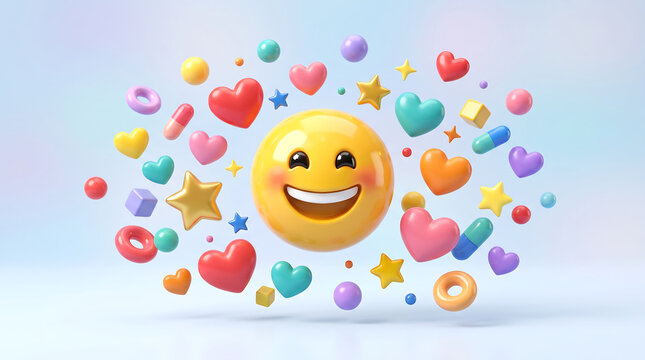 Large yellow smiley face icon with floating colorful 3D shapes