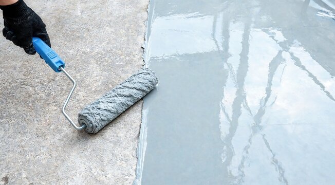 A worker in a black glove uses a paint roller with blue handle to apply light gray primer or paint onto a concrete floor surface.