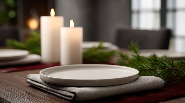Festive Christmas table setting with white plates, glowing candles, and fresh evergreen branches. Cozy holiday dining scene featuring seasonal decor and winter celebration.