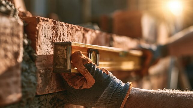 A construction worker wearing a work glove holds a spirit level against a red brick wall in bright sunlight. The closeup captures the precision tool and textured masonry surface on an active...