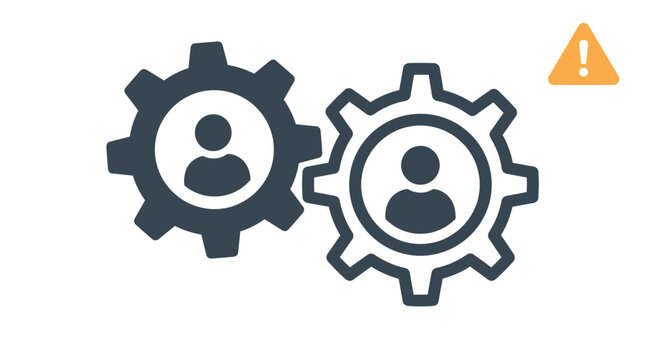 Interlocking dark gears featuring human user profile icons alongside vibrant yellow warning triangle symbol