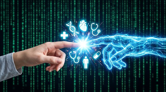 Digital hand interacting with medical icons and dna helix in a matrix of binary code
