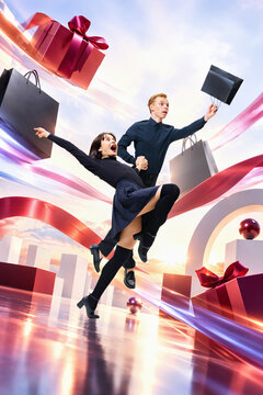 Excited couple, young man and woman floating among shopping bags, gifts and geometric shapes