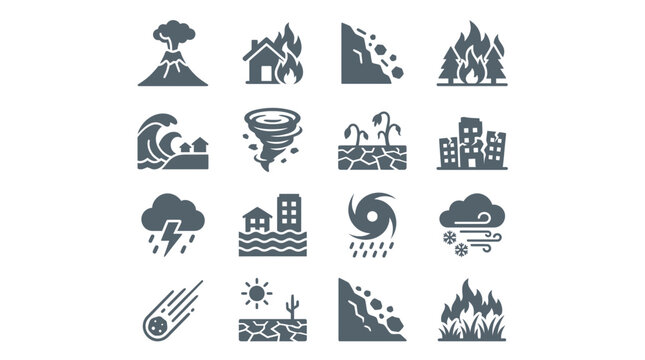 Natural disaster glyph icons set showing volcanic eruption, wildfire, flood, tsunami, and destructive storm