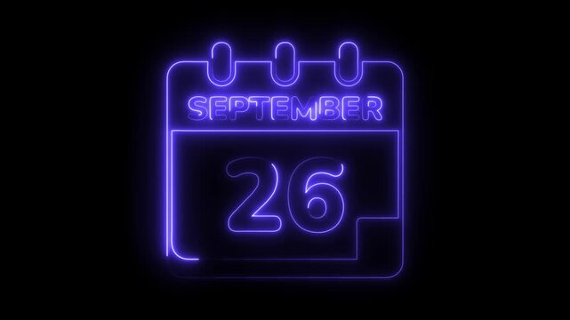 Neon calendar animation displaying september 26th date on a dark background