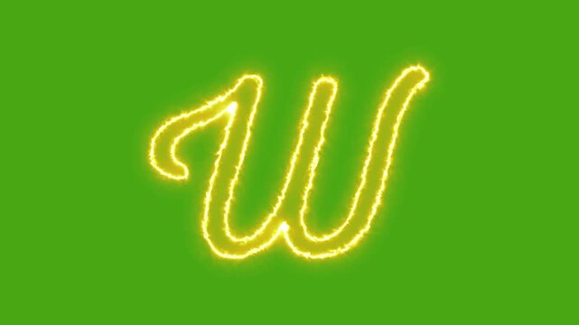 Glowing neon letter w animation on green screen, electric yellow script alphabet character for motion and editing