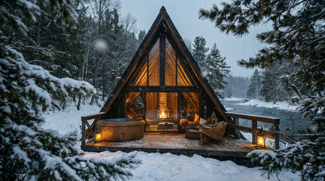 Winter wilderness retreat featuring modern Scandinavian A frame cabin with glowing floor to ceiling windows and wooden deck hot tub