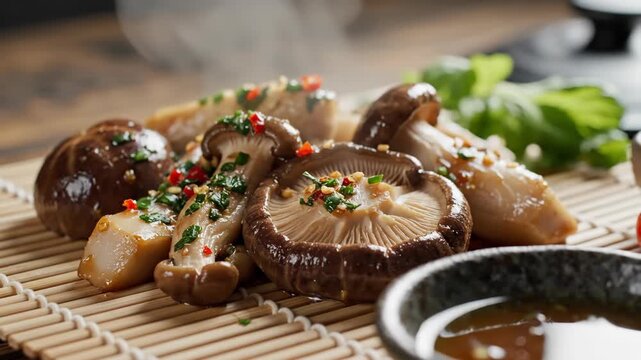 Steaming hot cooked shiitake mushrooms with herbs on bamboo mat, gourmet food closeup