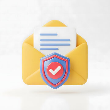 Open yellow envelope containing secure verified document protected by shiny red shield icon rendering
