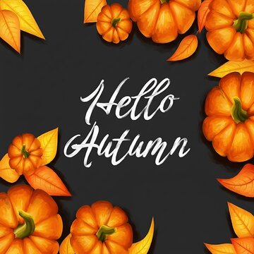 Hello Autumn Handwritten Typography With Painted Pumpkins And Leaves On Dark Background