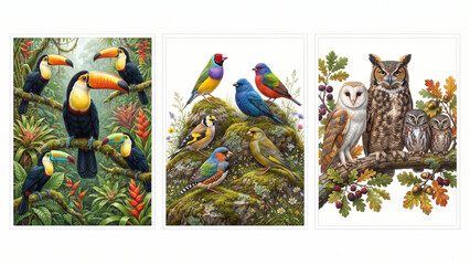 Fototapeta premium Collection of three framed bird illustrations toucans finches owls
