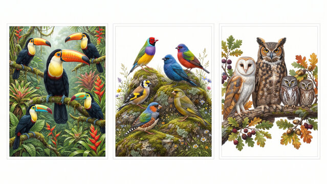 Collection of three framed bird illustrations toucans finches owls