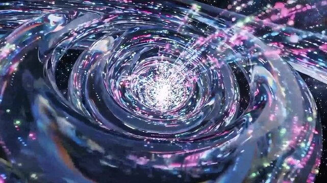 Futuristic cosmic wormhole vortex with glowing neon light particles and stars in deep space