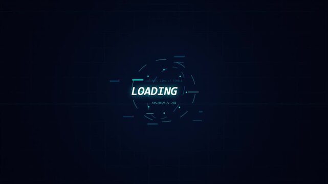 Futuristic loading screen animation displaying digital status updates on grid backdrop.