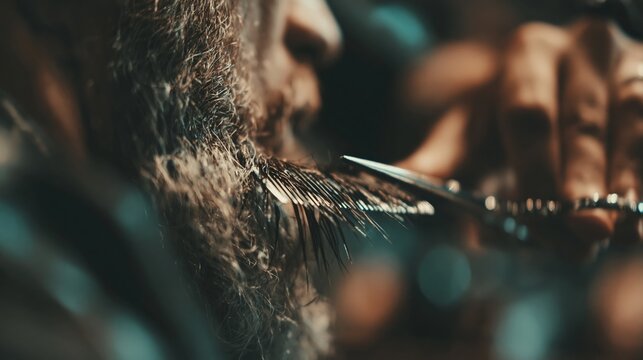 A close-up view of a barber trimming a thick beard with scissors and a comb against a blurred background.