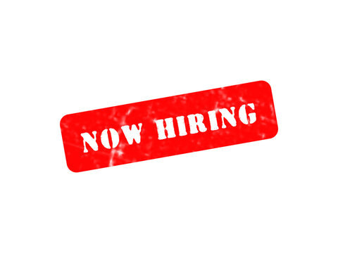 A vibrant red rectangular stamp displaying the white text now hiring, isolated on a deep black background, for job advertisements isolated on a transparent background