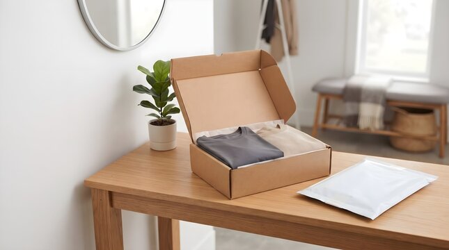 Open cardboard box with neatly folded apparel on a wooden table in a bright minimalist interior.
