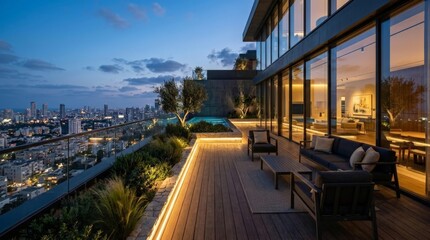 Obraz premium A luxurious modern penthouse terrace with comfortable outdoor seating and warm lighting overlooks a glowing city skyline at dusk, showcasing premier real estate in a bustling metropolis