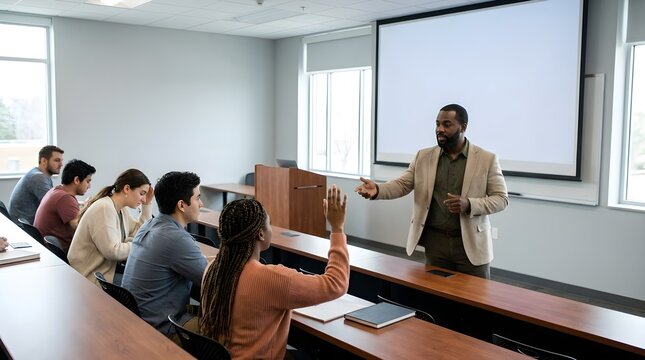 Diverse University Lecture Hall, Professor Engaging Students, Interactive Learning Environment, Modern Classroom Presentation