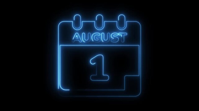 August first calendar date icon glowing with blue neon light on black background