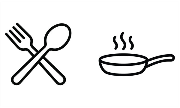 Minimalist black and white line art icons representing a crossed fork and spoon with a steaming frying pan
