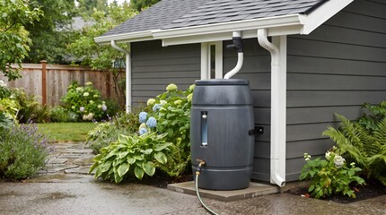 Obraz premium Rainwater harvesting barrel connected to a house gutter system in a sustainable garden setting.