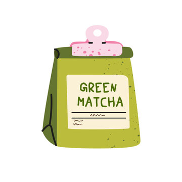 Green matcha tea paper bag package with a pink clip isolated on a white background. Cute flat hand drawn style doodle of healthy organic green tea powder