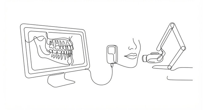 Dental radiography X ray tooth scan machine minimalist line vector illustration