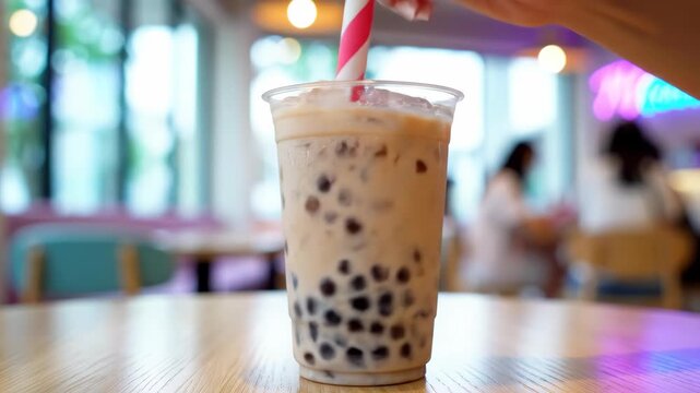 Iced milk bubble tea with black tapioca pearls in a plastic cup on a wooden table.