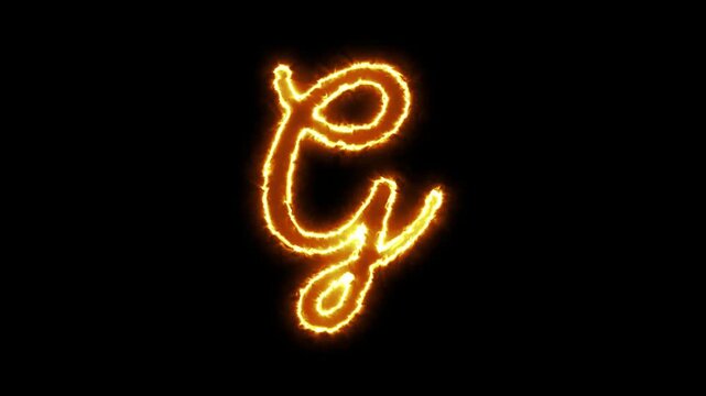 Animated letter g written in glowing golden fire on black background, alphabet typography flame
