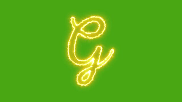 Glowing neon letter g animation on green screen, electric yellow alphabet character for motion