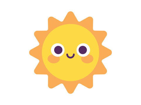 Cute happy sun character with a friendly smiling face and orange rays