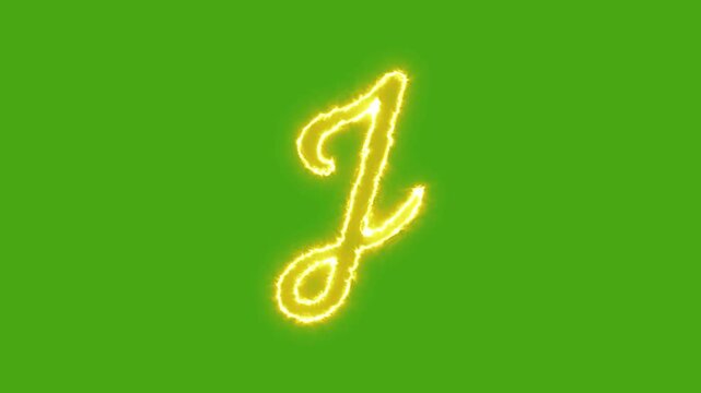 Glowing neon letter j animation with electric energy effect on green screen background, alphabet