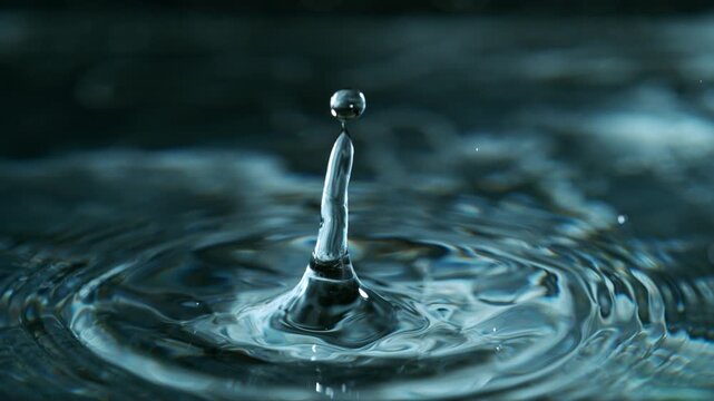 Macro close-up of a falling water drop creating a splash and ripples on a clear water surface. High-speed capture revealing fluid motion, transparency, and intricate details.