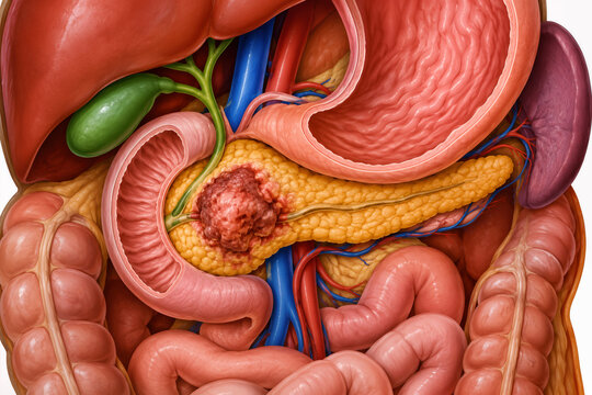 Pancreatic cancer malignant tumor in pancreas anatomical cross section of abdominal organs digestive system stomach pancreatic gland illustration medical concept awareness