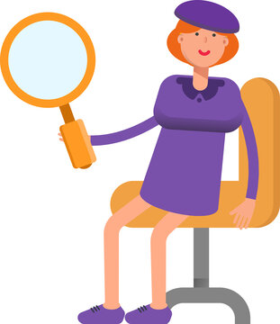 Girl in Violet Dress Character Sitting and Holding Magnifier
