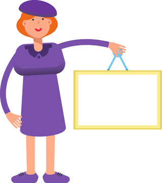 Girl in Violet Dress Character Holding Blank Signage
