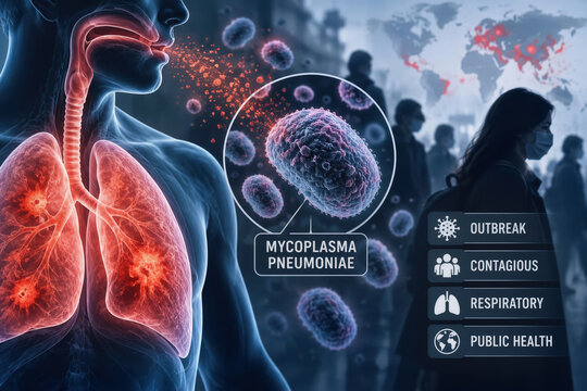 Walking pneumonia outbreak concept showing Mycoplasma pneumoniae contagious respiratory infection affecting lungs seasonal public health concern outbreak surveillance
