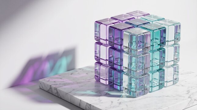 Modular Translucent Glass Cubes on Marble Podium Representing Data Structure Blockchain Technology and Systematic Business Integration