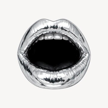 Artistic silver metallic lips sculpture with an open mouth design.