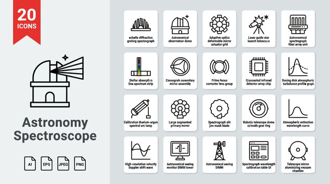 Astronomy spectroscope icons display technical scientific instruments used for analyzing light and stars.