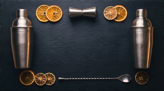 Professional cocktail bar equipment and dried orange slices on dark background.